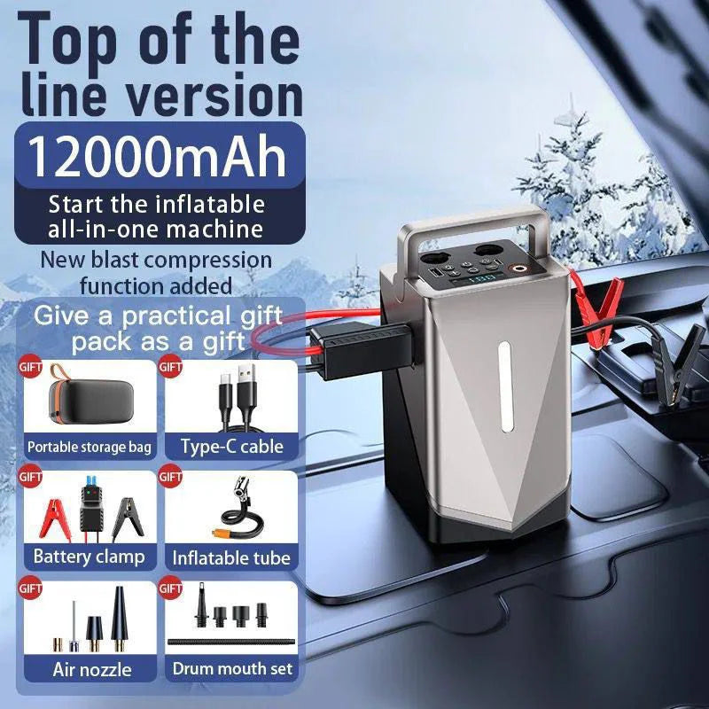 🚘 Smart Car Jump Starter with Built-in Air Compressor & LED Light 💡